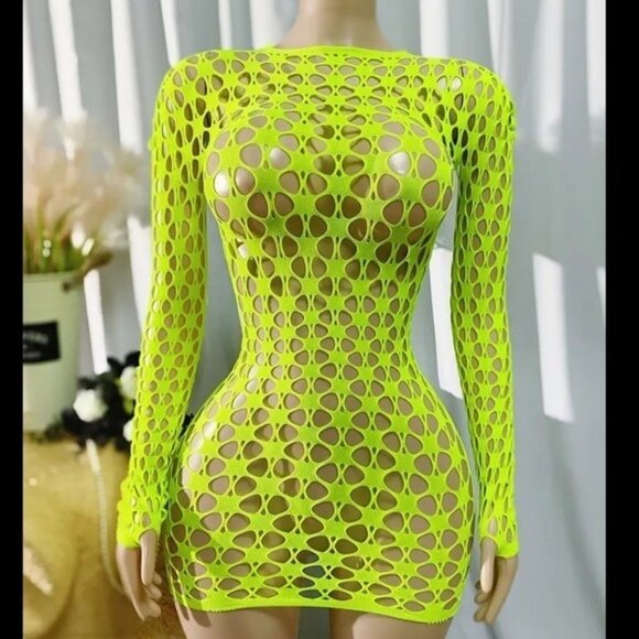 Neon Green Cut-Out Long-Sleeve Fishnet Dress Cover Up - Picture 1 of 5